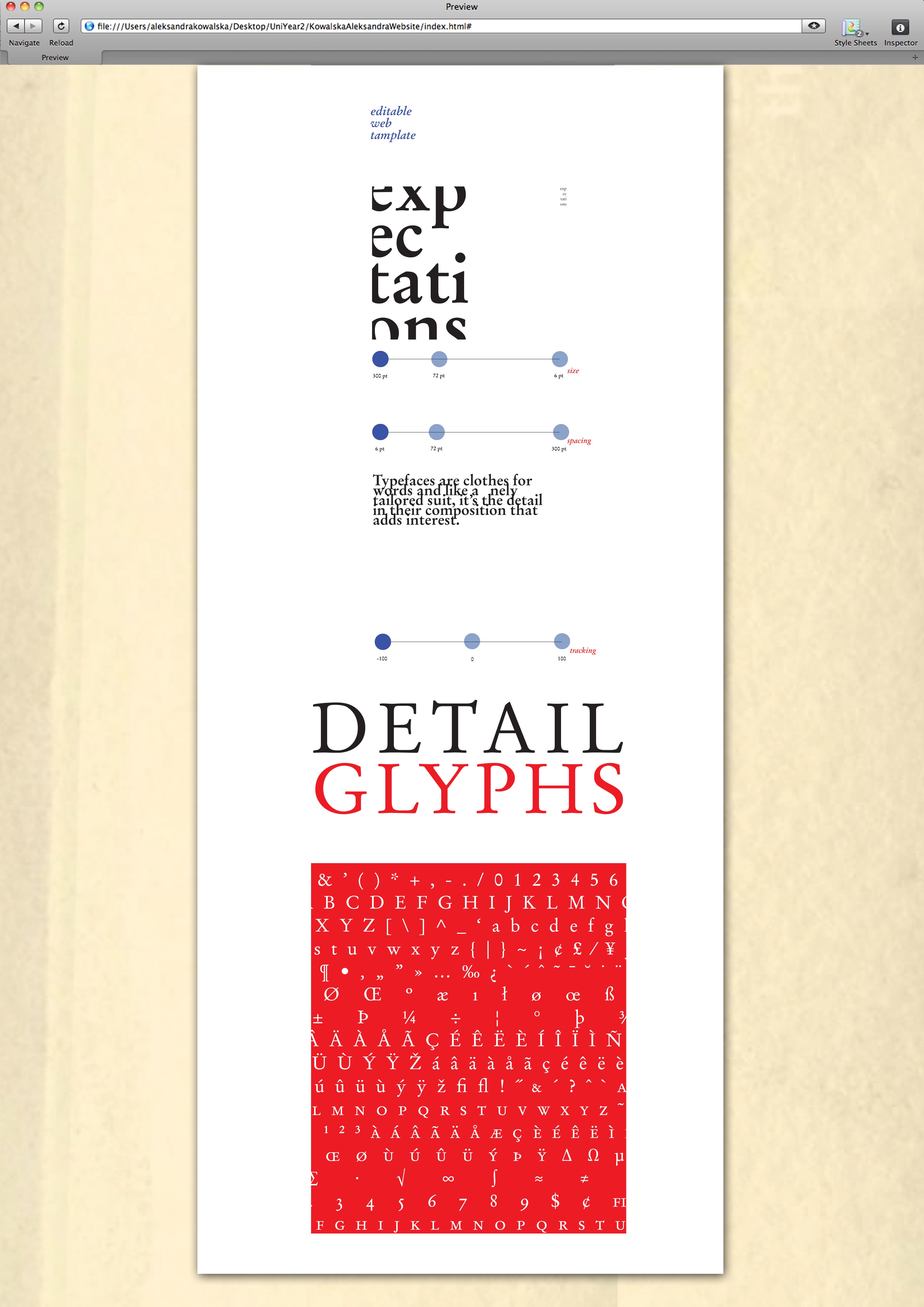 Typography specimen website second screen