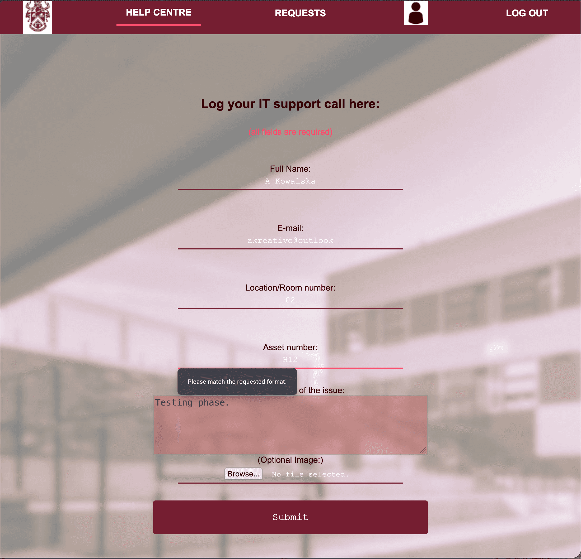 WearView Academy form validation error message